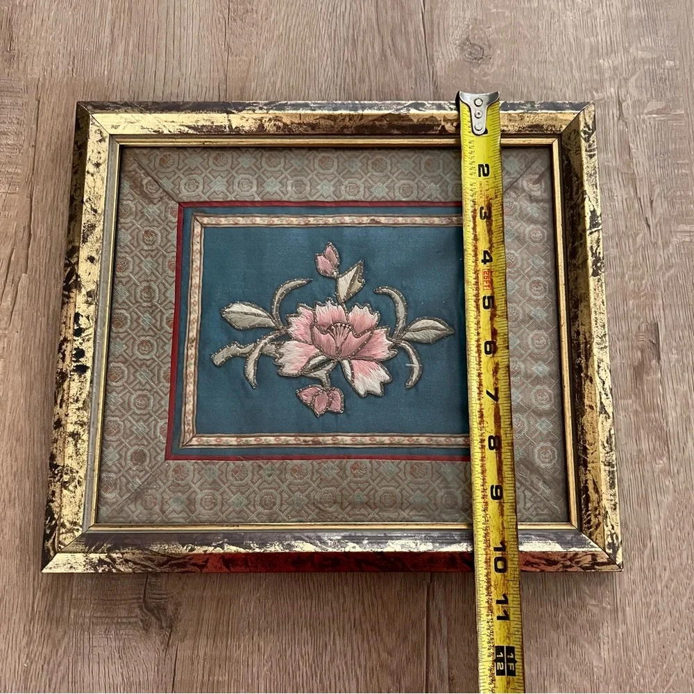 Antique‎ Chinese Embroidered Framed Tapestry Fabric Silk Pink Peony #1
